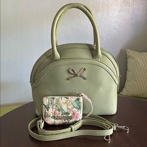 Betsey Johnson Sage Mint Green Satchel Top Handle Crossbody with Floral Pouch